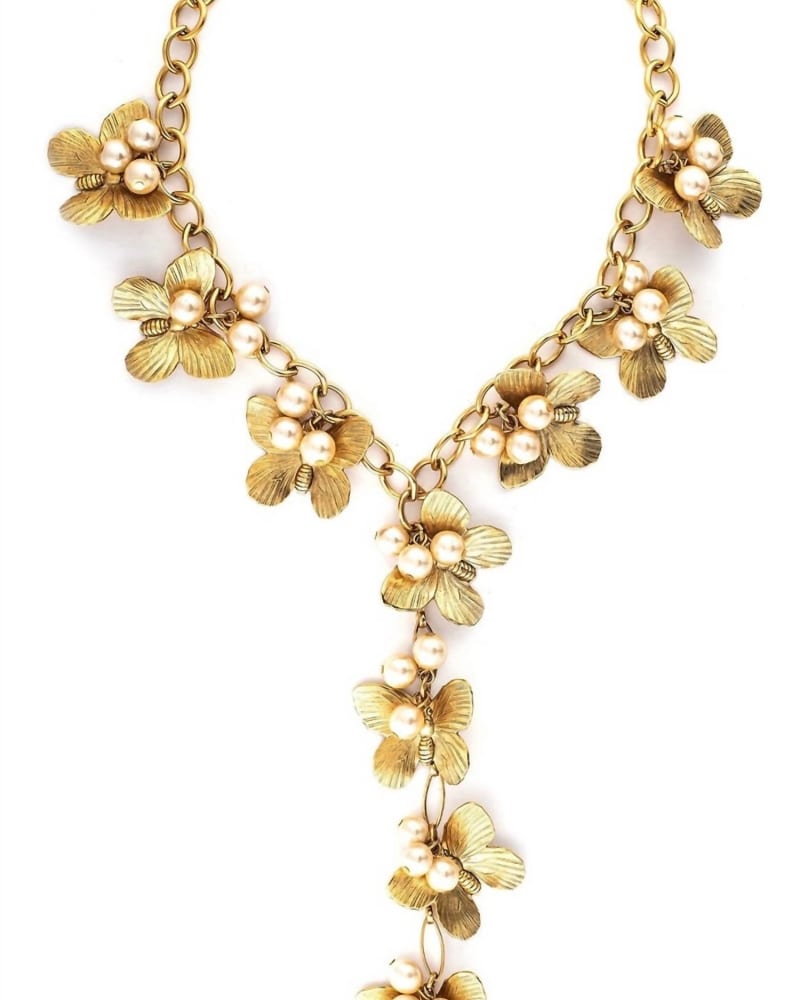 Front of a size O/S Butterfly & Pearl Dangle Necklace in Brass/Pearl in Brass/Pearl by Yochi. | dia_product_style_image_id:329986
